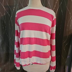 Columbia Pink and White Striped Crewneck Sweatshirt w/ Drawstring Waist Womens L